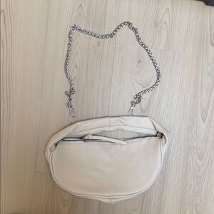 Cream Leather Clutch Crossbody Bag with Silver Chain Strap